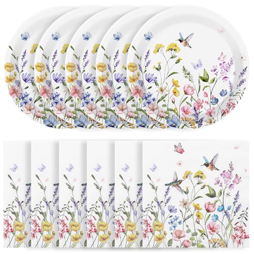NatNarr 50 Pcs Wildflower Paper Plates and Napkins Disposable Floral Plates and Napkins Tableware Set Wildflower Garden Party Supplies for Spring Tea Party Baby Shower Birthday
