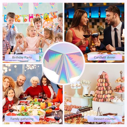 Image of 2 Pack Iridescent Tablecloth, 54 inch x 108 inch Birthday Party Table Cloths Iridescence Plastic Disposable Table Covers Iridescent Party Decorations, Birthday Decor Tablecloth for Buffet Table