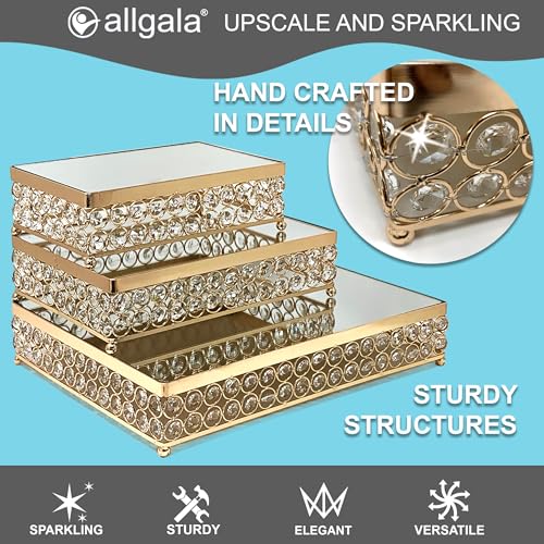 Image of Allgala Wedding Cake Stands 3-Piece Set Crystal Gold Plated Cheese Dessert Cupcake Cake Stand with Mirror Plate-Gold Rectangle-HD89203