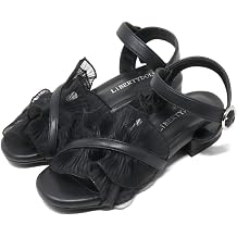 Liberty Doll 4194 Women's Sandals, Strap Sandals, Low Heel, 1.0 inch 2.5 cm Heels, Sheer Ruffle Cross Sandals, Round Toe