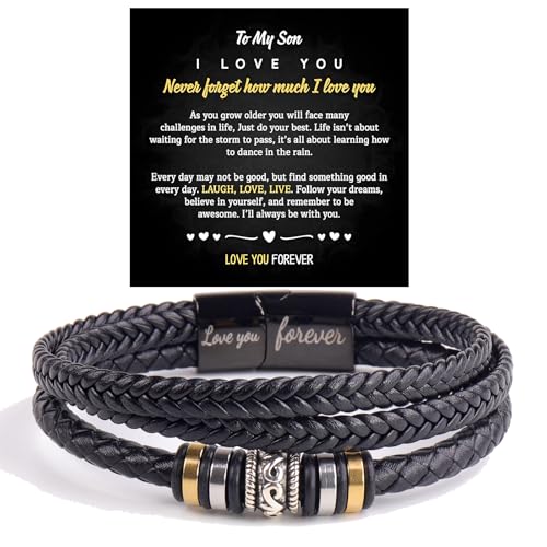 Personalized Son's Infinity Knot Bracelet Gift, To My Son/Grandson Stainless Steel Infinity Knot Leather Engraved with Love You Forever Bracelet Forever Linked Together Jewelry for Birthday Christmas