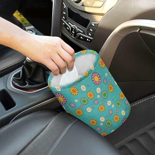 Image of Hippie Flower Cute Print Car Trash Can Reusable Foldable Hanging Portable Dustbin Bin Waste Basket Car Accessories Interior for Car SUV Trucks Universal
