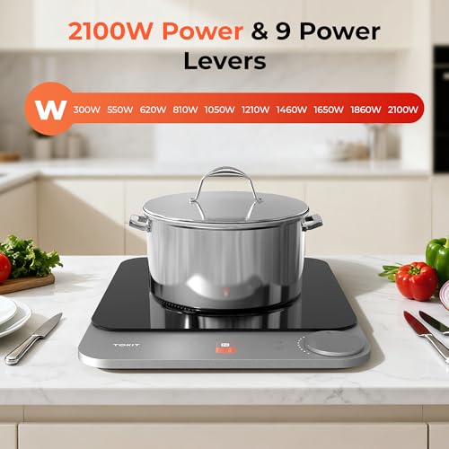 TOKIT Induktionskochfeld 2100W, 16mm Ultradünn Induction Hob 9 Heizstufen, Induktionskochplatte NFC-Online-Rezept, Tasten-Steuerung Induction Cooker Für Küche, Wohnheim, Camping (Grau) – Bild 6