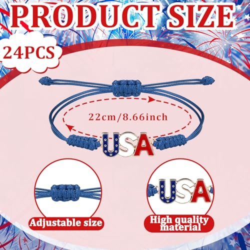 Image of 24 Pcs 4th of July Bracelets Red White and Blue Bracelets Patriotic USA American Flag String Woven Wristband Bulk 4th of July Party Favors for 250th Anniversary Independence Day Parade Supplies