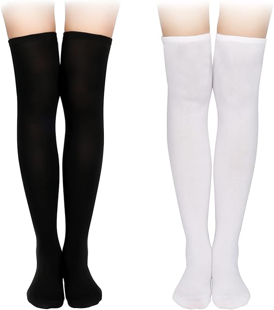 KINBOM 2 Pairs Thigh High Socks, Soft Cotton Soft Knee High Socks Long Stockings for Women Girls Daily Wear (Black, White)
