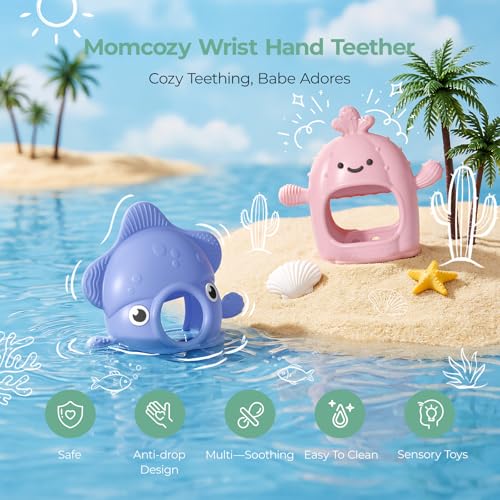 Image of Momcozy Baby Teething Toys, Food Grade Silicone Baby Teether for 0-12 Months, Baby Adjustable Teethers Mitten, Easy Grip Teething Relief with Multiple Chew Points,Sensory Exploration ,Sky Blue