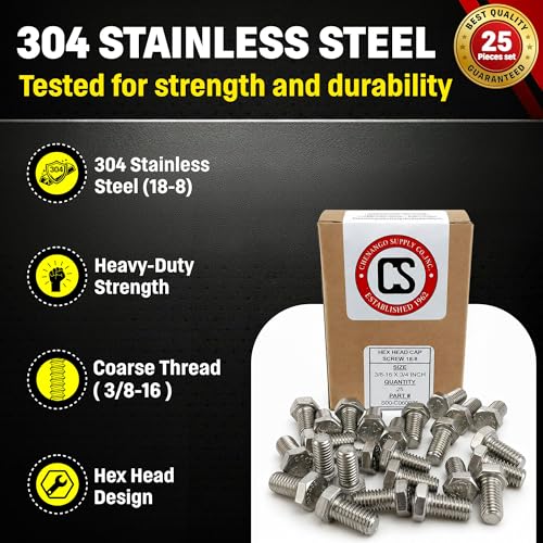 Image of Chenango Supply 3 /8-16 x 3 /4 inch Stainless Steel Hex Head Bolts - 304 Stainless, USS Coarse Thread, 100,000-125,000 PSI Tensile Strength, Corrosion-Resistant Hardware Bolts, (25 Pieces, 3 /8-16 x 75)