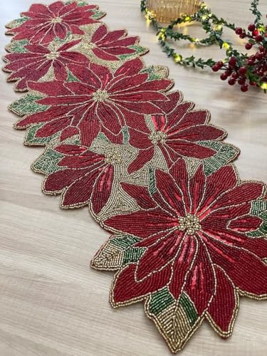 Image of MFU - Made For You Handmade Beaded Table Runner, Red Flower Design, 13 x 36 Inch | Decorative Rectangular Table Runner for Dining Table, Center Table & Home Decor