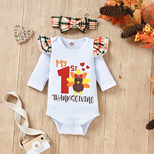 HINTINA Infant Baby Girl My First Thanksgiving Outfits Turkey Print Romper Long Pants Headband Clothes Set4