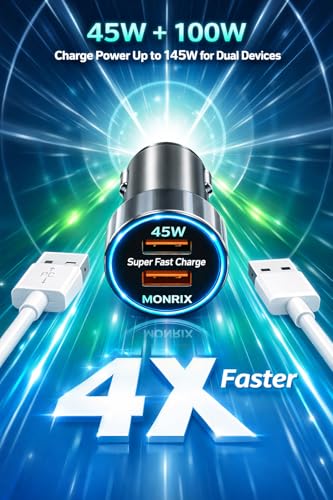 Image of 145W Fast Charging Car Charger with Dual Output 100W QC USB & 45W PD Type-C Adapter for iPhone, Android, Smartwatch, Earbuds & Power Bank