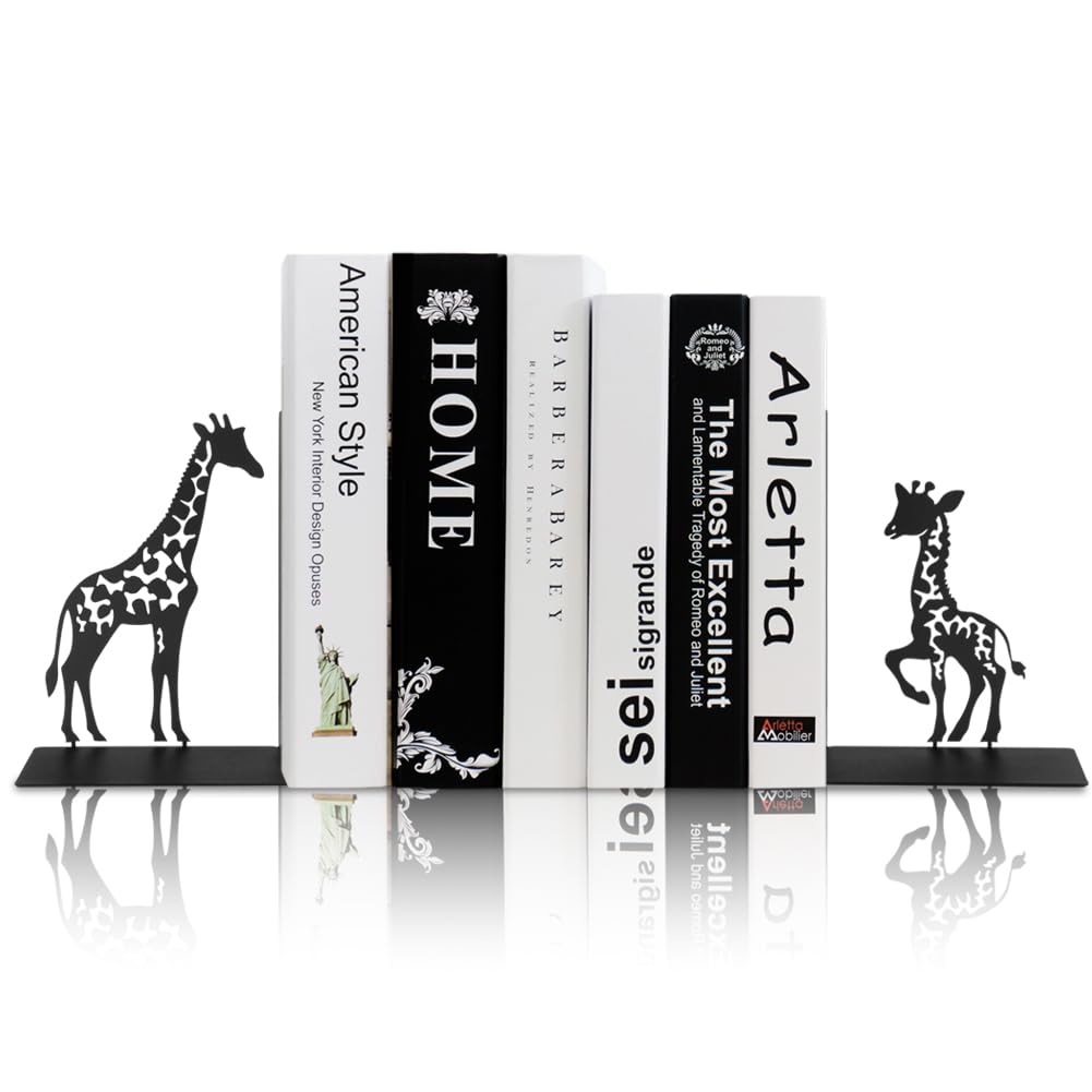 1 Pair Foldable Giraffe Bookends,Black Hollow Cartoon Animal Design Non-Skid Thickening Iron Metal Bookends Desk Organizer Book Holder for Kids Girls Boys Home School Office Library Decorative