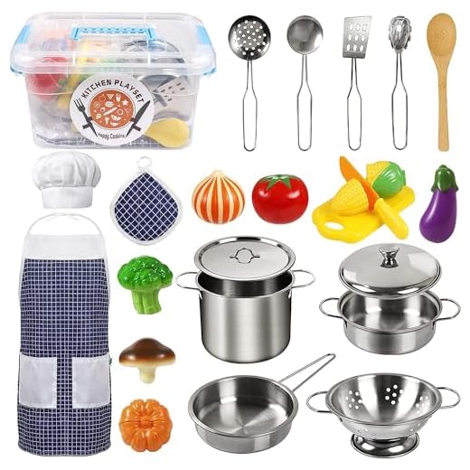 EFO SHM Juguetes de Cocina para niños Accesorios, 23 Piezas Juguetes de Chef para Niños, Cocina de Acero, Vegetales para Cortar, Delantal y Gorro De Cocinero, Apto para niños Mayores de 3 años