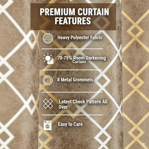 Image of Home Decor Check Pattern Long Door Curtains 8 feet Long Set of 3 Parda for Drawing Room /Living Room /Hall Room Window Parde, Brown