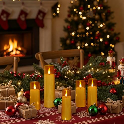 Image of Amagic Flickering Flameless Candles, Battery Operated Candles, Amber Gold Acrylic LED Pillar Candles with Remote and Timer, 3D Wick, Yellow and Blue Glow, D2.2 xH5 5 inch 6 inch 7 inch 8 inch, Set of 5