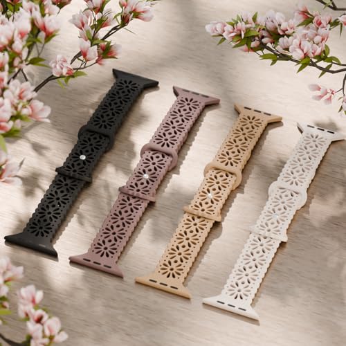 Image of 4 Pack Slim Lace Silicone Bands Compatible for Apple Watch 38mm 40mm 41mm 42mm 44mm 45mm 46mm 49mm, Thin Hollow-out Floral Breathable Strap for iWatch Series 11 /10 /9 /8 /7 /6 /5 /4 /3 /2 /1Ultra SE Women Men