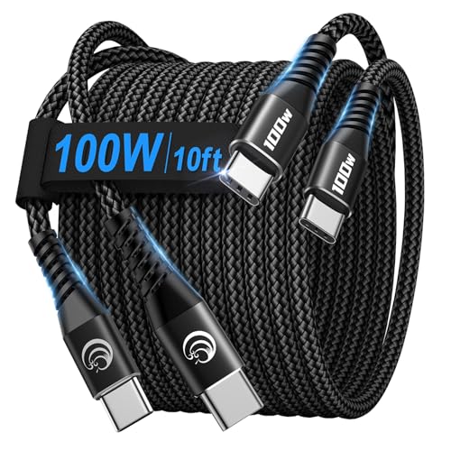 USBC to USBC 100W [10ft/2 Pack] USB C to USB C Fast Charging Cable Braided C to C Charger Cord 5A for MacBook Pro/Air, iPhone 16 15 Pro Max Plus,iPad Pro,Samsung Galaxy S24 Ultra S23,Pixel,PS5,Switch