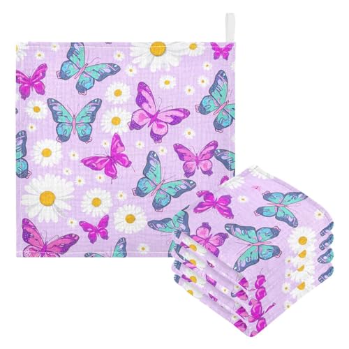 Nander 5Pack Baby Muslin Washcloths,Beautiful Butterflies and Daisies Soft Face Cloths for Newborn, Absorbent Bath Wash Cloths, Wipes, Burp Rag,Toddlers Essentials Stuff, Baby Registry as Shower