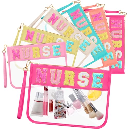 Kacctyen 6 Pcs Nurse Bags Chenille Letter Clear Makeup Bag with Zipper Waterproof Cosmetic Toiletry Pouch with Handle Gym Travel Summer Gifts for Girls Women Nurse (Multicolor, Nurse)