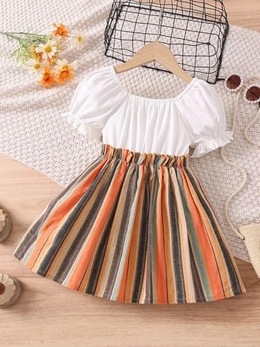 Image of TAGAS Toddler Girls Striped Print Puff Sleeve Bow Front Dress || Stripe Pattern Dress for Kids || A Line Dress || Puff Sleeve Dress for Kids || Casual Dress (KD-202)