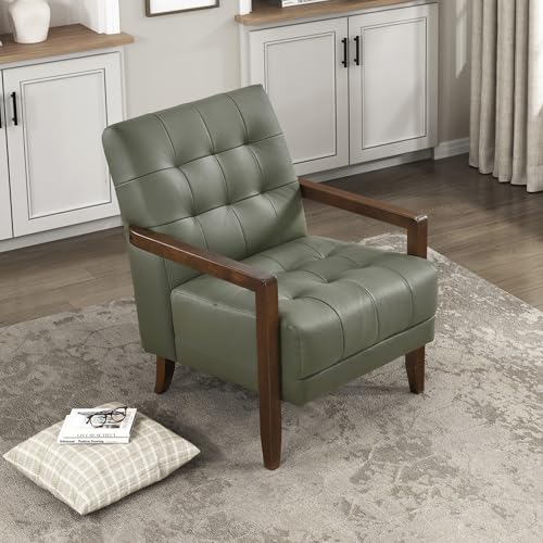 Lexicon Modern Accent Chair Luxury Genuine Leather Match Living Room Chair with Tufted Cushions Solid Wood Frame and Arm Rest Comfy Upholstered Single Seat for Bedroom/Reading/Office Green