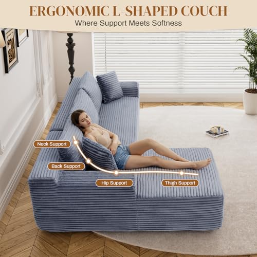 Image of 95 inch L Shaped Boneless Sectional Couches, Wide Armrest, Deep Seat, Memory Foam, Assembly Free, Modern Comfy Corduroy Fluffy Cloud Sofa with Left Chaise for Living Room, Small Spaces, Grey