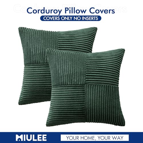 Image of MIULEE Army Green Decorative Throw Pillow Covers for Couch 20x20 Inch | 2 Pack, Boho Farmhouse Pillow Covers, Soft Cross Corduroy Patchwork Textured Cushion Cases For Bed Sofa