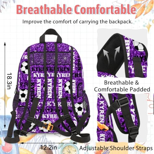 Custom Name Soccer Backpack for Women Men with Lunch Box, Personalized Sport Bag with Lunch Bag, Daypack for Travel Camping, Glitter Purple4