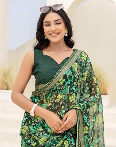 Image of SIRIL Women's Chiffon Printed Saree With Unstitched Blouse Piece