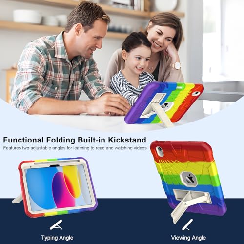 SIBEITU Case for iPad (A16) 11th Gen 11-inch 2025 & iPad 10th Gen 10.9 Inch 2022, Rugged Military Grade Protective Cover Built-in Kickstand & Pencil Holder | Vibrant Rainbow for Young Artists & Kids