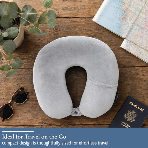 Image of Brookstone Microbead Neck Pillow - Super Soft Cozy Lightweight Plush Travel Pillow with Phone or Headphone Pocket, Grey