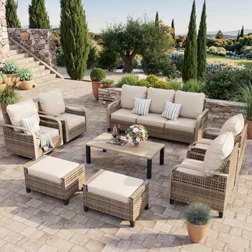 Image of UDPATIO Patio Furniture Set with Rocking Swivel Chairs, Faux Wood Grain Modern Outdoor Sectional Furniture, Rattan Patio Conversation Sets W /Ottoman for Deck, Yard, and Poolside, 8 PC Beige