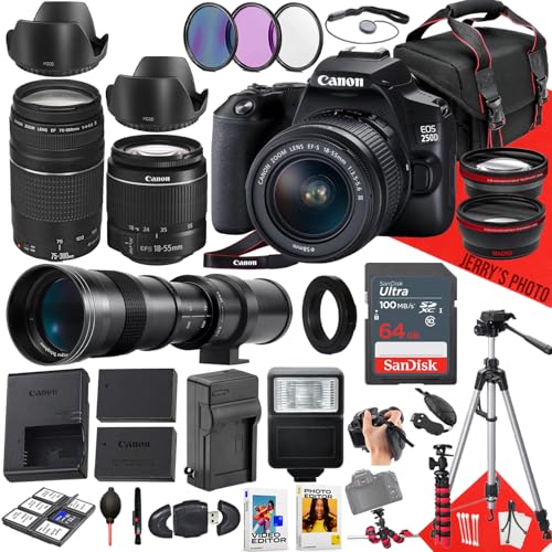 Canon EOS 250D / Rebel SL3 DSLR Camera with EF-S 18-55mm f/3.5-5.6 III DC, EF 75-300mm f/4-5.6 III and 420-800mm f/8.3 HD Lens + 64 GB Memory + Filters + More (37pc Bundle) (Renewed)
