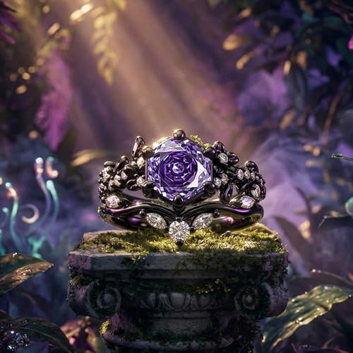 Image of Jeulia 2PCS Wedding Ring Set for Women 1.5 ct Black Thorn Purple Rose Cut 925 Sterling Silver Gothic Bat Design Engagement Ring Vintage Jewelry with Gift Box