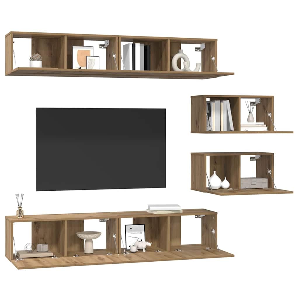 Ensemble Meuble TV 6 pcs chêne Artisanal Bois d'ingénierie avec Portes charnières et étagères murales pour Salon séjour multimédia Rangement Console Support Design Moderne