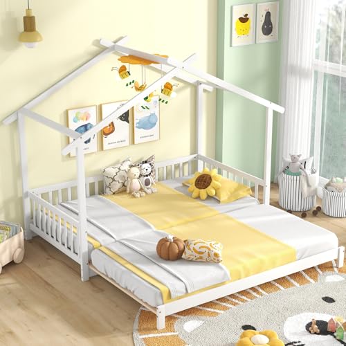 GYMAX Wooden Kids Bed Frame, Single to Double Floor Bed with Safety Guardrails and Roof, Extendable Children House Daybed for Boys Girls, No Box Spring Needed GYMAX Wooden Kids Bed Frame, Single to Double Floor Bed with Safety Guardrails and Roof, Extendable Children House Daybed for Boys Girls, No Box Spring Needed