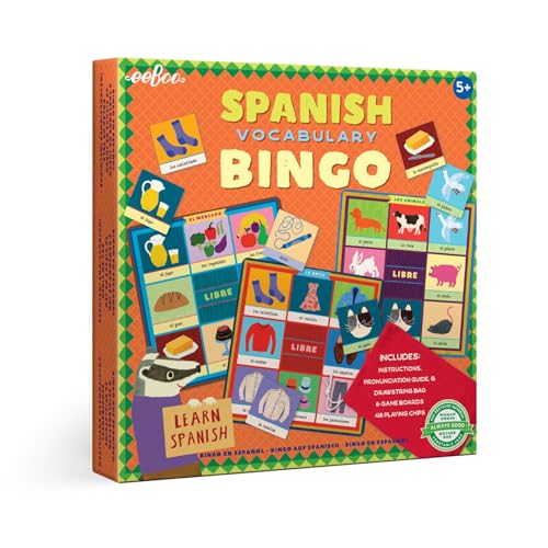 eeBoo Spanish Vocabulary Bingo for Kids Ages 5+ for 2-6 Players
