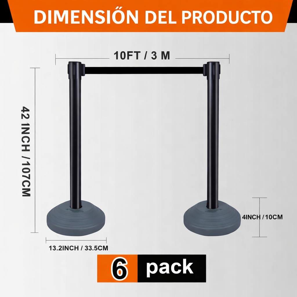 Juego de 6 postes con cinta retráctil, Poste de barrera, Cintas retráctiles de 305 cm, Barrera de seguridad para la gestión de multitudes (Negro, base rellenable con agua)