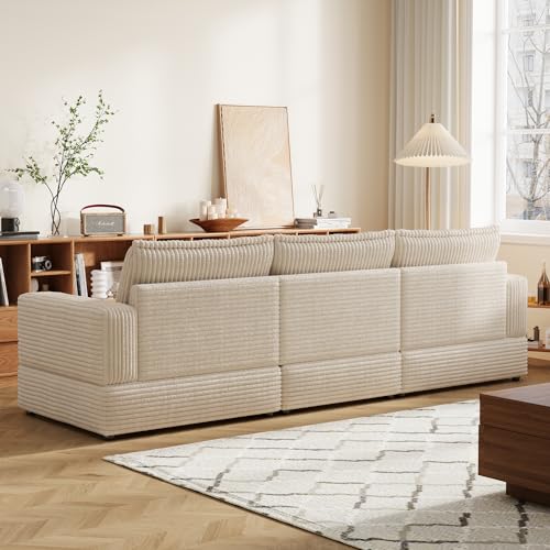 OLEYLUCKIDEA 268cm Modular Sofa Couch, Bequeme 3-Sitzer-Sofa mit Tiefer Sitzfläche & Weicher Polsterung，Cord Couch für Wohnzimmer, Beige