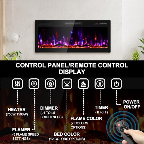Image of Zionheat 42 inch Wide Screen Electric Fireplace-Wall Fireplace for Living Room-Fireplace Inserts /Wall Mounted with Remote Control, Timer, Dimmer, 12 Flame Colors, 750 /1500W