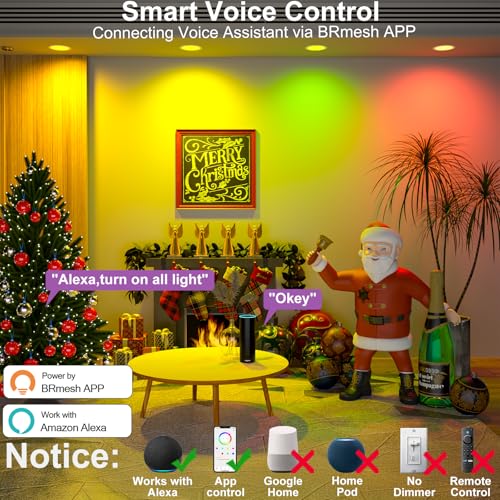 Image of SikSog Black Smart Recessed Lighting 6 Inch RGBCW Color Changing 16W LED Downlight with Junction Box,1350 Lumen Recessed Ceiling Light Compatible with Alexa,Dimmable by Bluetooth Control -6Pack