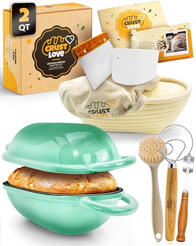 CRUSTLOVE Loaf Pan for Bread Baking - incl. Sourdough Bread-Baking Supplies like Banneton Bread-Proofing Basket - 2QT Enameled Oval Cast Iron Dutch Oven Bread-Oven Sour Dough Bread-Banking-Pan Tools