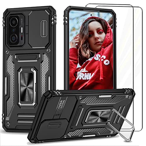 NEINEI Coque pour Xiaomi 11T/11T Pro 5G + 2 Verre Trempé,Etui de Protection la Caméra avec [Magnétique Support][Silicone Bumper],Housse de Militaire Renforcée Défense Case,Noir Cover