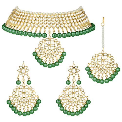 Aheli Faux Kundan Necklace Earrings Maang Tikka Set Indian Ethnic Wedding Fashion Jewelry Set for Women