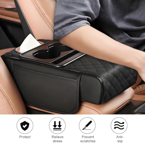 Image of Car Armrest Cushion, 5-in-1 Nappa Leather Vehicle Centre Console Cover with 2 Storage Pockets, Cup Phone & Phone Holder, Multifunctional Auto Organiser Accessories, Universal Fit (Black)