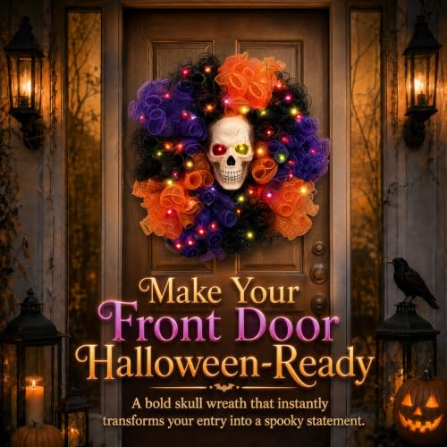 Wizcave 24 in Halloween Wreath with Skull and Color-Changing Lights - image 2