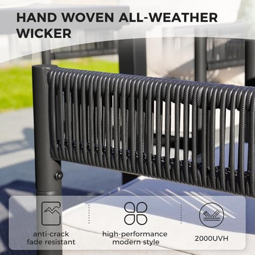 Image of Grand patio 7 PCS Outdoor Dining Set, Patio Table and Chairs Set for 6, Metal Woven Wicker Swivel Patio Chairs with Thickened Cushions & 1 Rectangular Woodgrain Dining Table with Umbrella Hole (Black)
