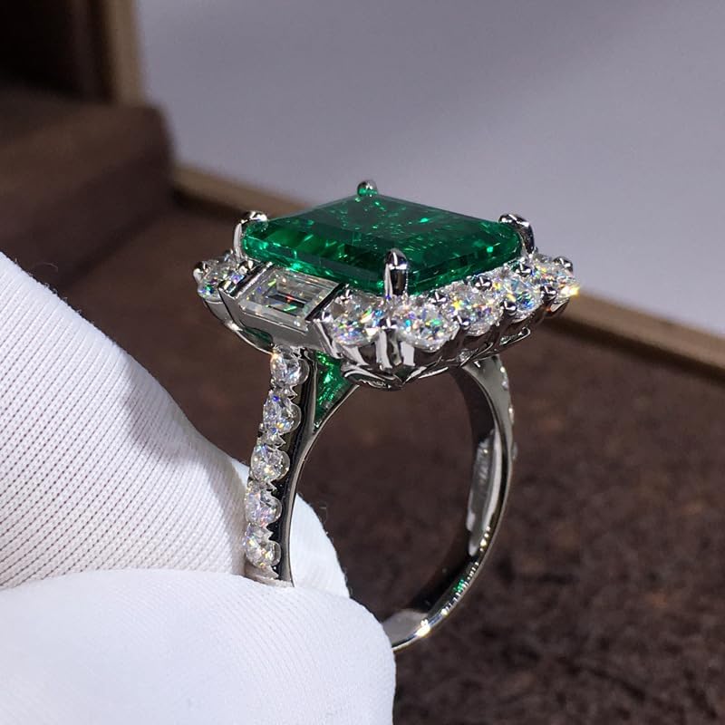 5ct Emerald Square Ring for Women 925 Sterling Silver Green Ring for Women Promise Ring for Her Cubic Zirconia Cocktail Rings CZ Diamond Engagement Ring Anniversary Valentine's Day Size 6-10（7）