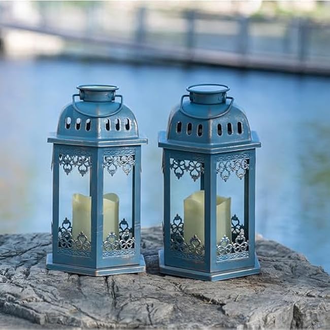 SteadyDoggie Solar Lanterns 2 Pack Blue - Hanging Solar Lights with Flickering Candle LED - Retro Ornate Hanging Lantern with Handle