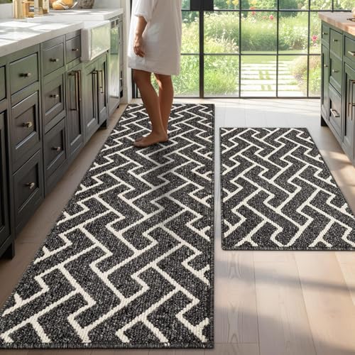 Kitchen Rug Set 2 Pieces, Washable Non-Slip 100% Polypropylene Kitchen Floor Mats, Super Absorbent and Stain-Resistant Floor Runner Rug, Hallway Runner, Entryway(Black, 60x90+60X180cm)