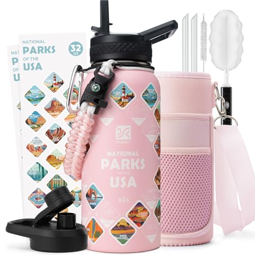 32 oz Insulated Water Bottle | Thickened Stainless Steel Vacuum Metal | Portable Sports Water Jug for Gym and Hiking with Straw, Carrier Bag, Handle Strap | BPA-Free 32 oz